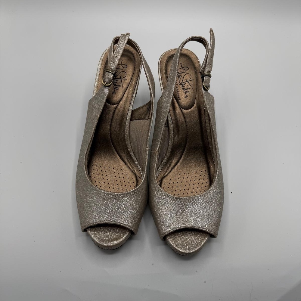 Life Stride Women's Metallic Open-Toe Slingback Heels - Champagne Gold